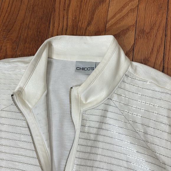 CHICO'S Sequin Full Zip Jacket Ivory Off White Lined Pocket size 3 XL - Picture 3 of 9